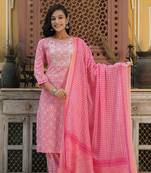 Women pink embroidered pure cotton  stiched straight kurta salwar suit set