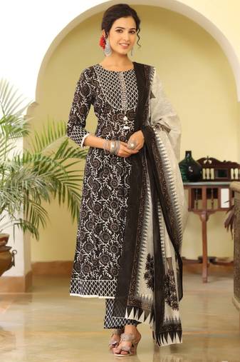 Women black printed rayon blend stiched flared kurta trousers suit set