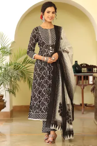Women black printed rayon blend stiched flared kurta trousers suit set