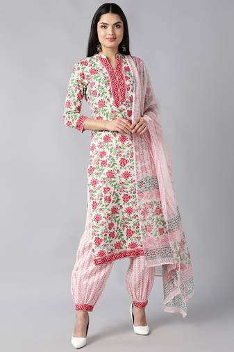 Women pink printed pure cotton  stiched straight kurta salwar suit set