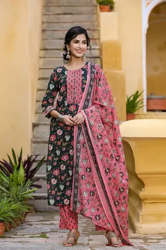 Women green printed rayon stiched straight kurta trousers suit set