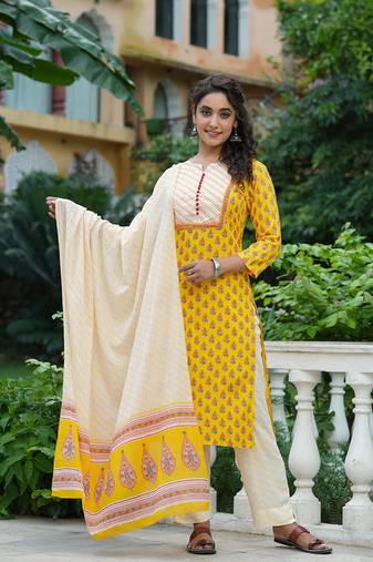 Women yellow printed rayon stiched straight kurta palazzo suit set