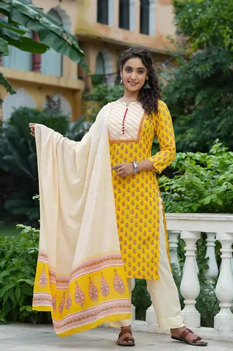 Women yellow printed rayon stiched straight kurta palazzo suit set