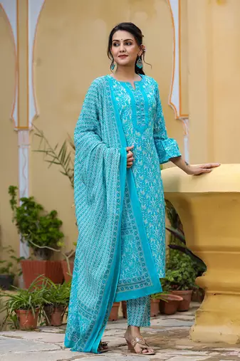 Women blue printed pure cotton  stiched straight kurta trousers suit set