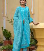 Women blue printed pure cotton  stiched straight kurta trousers suit set