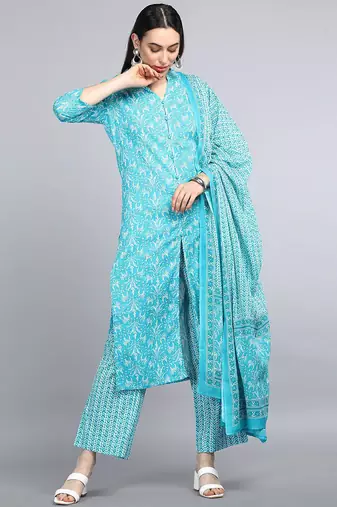 Women blue printed pure cotton  stiched straight kurta trousers suit set