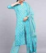 Women blue printed pure cotton  stiched straight kurta trousers suit set