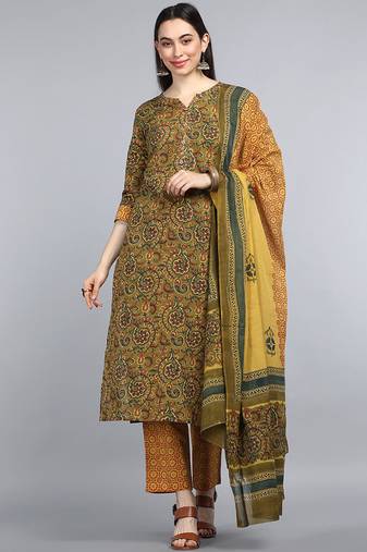 Women yellow printed pure cotton  stiched a-line kurta trousers suit set