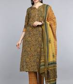 Women yellow printed pure cotton  stiched a-line kurta trousers suit set