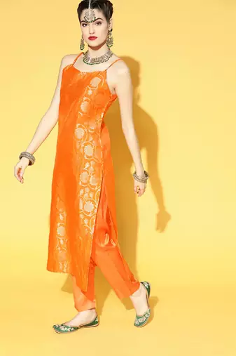 Women orange printed pure cotton  stiched straight kurta trousers suit set