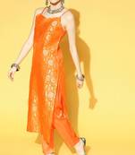 Women orange printed pure cotton  stiched straight kurta trousers suit set