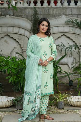 Women green embroidered pure cotton  stiched straight kurta salwar suit set