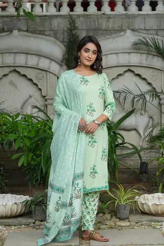 Women green embroidered pure cotton  stiched straight kurta salwar suit set
