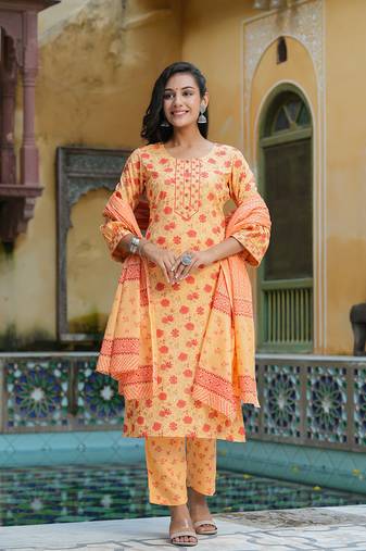 Women orange printed pure cotton  stiched straight kurta palazzo suit set