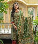 Women green printed pure cotton  stiched straight kurta trousers suit set