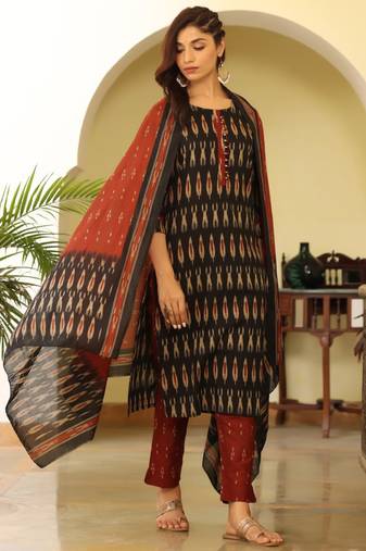 Women black printed rayon stiched straight kurta trousers suit set