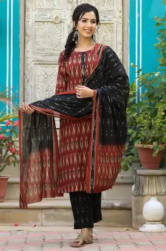 Women brown printed rayon stiched straight kurta trousers suit set
