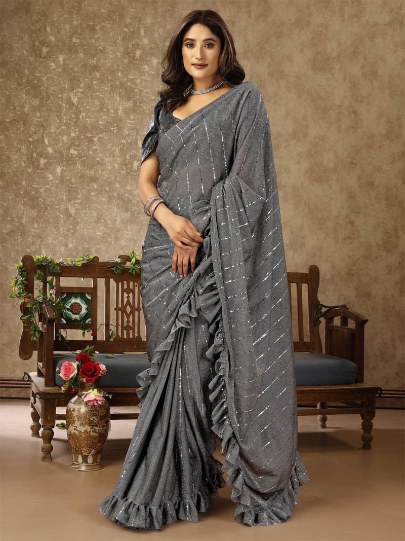indian Women Grey Lycra Tikki Work Fril Ready To Wear Saree With