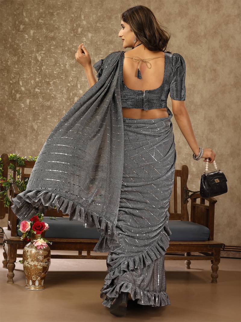 indian Women Grey Lycra Tikki Work Fril Ready To Wear Saree With