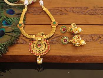 Designer gold plated kempu necklace set 2