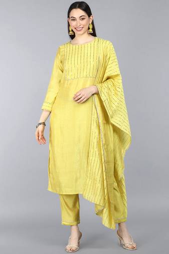 Women yellow printed poly chanderi stiched straight kurta trousers suit set