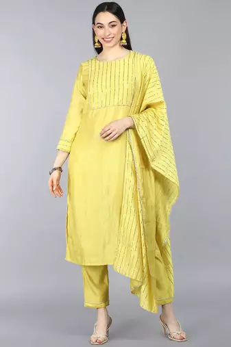 Women yellow printed poly chanderi stiched straight kurta trousers suit set