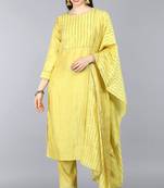 Women yellow printed poly chanderi stiched straight kurta trousers suit set