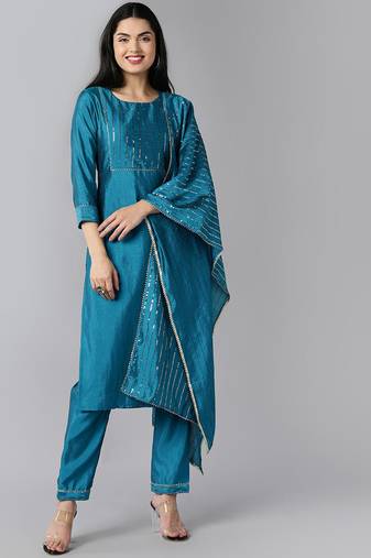 Women blue embroidered poly chanderi stiched straight kurta trousers suit set