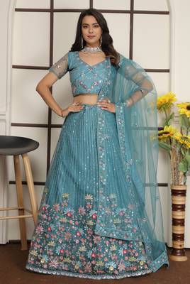 Firoji Turquoise Butter Net Sequins Embroidered Designer Lehenga Choli 1
