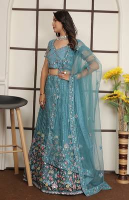 Firoji Turquoise Butter Net Sequins Embroidered Designer Lehenga Choli 3