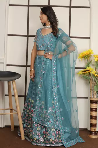 Firoji Turquoise Butter Net Sequins Embroidered Designer Lehenga Choli