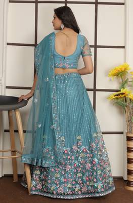 Firoji Turquoise Butter Net Sequins Embroidered Designer Lehenga Choli 4