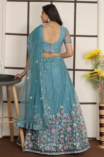 Firoji Turquoise Butter Net Sequins Embroidered Designer Lehenga Choli