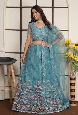 Firoji Turquoise Butter Net Sequins Embroidered Designer Lehenga Choli 5