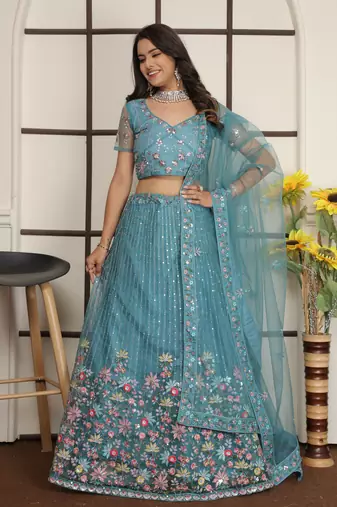 Firoji Turquoise Butter Net Sequins Embroidered Designer Lehenga Choli