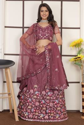 Fetching Bright Red Butter Net Embroidery With Sequins Designer Lehenga Choli For Wedding 1