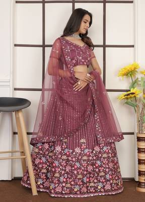 Fetching Bright Red Butter Net Embroidery With Sequins Designer Lehenga Choli For Wedding 3
