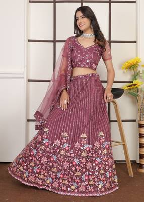 Fetching Bright Red Butter Net Embroidery With Sequins Designer Lehenga Choli For Wedding 4
