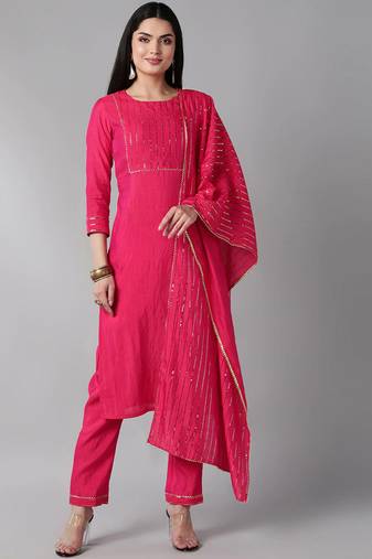 Women pink embroidered silk blend stiched straight kurta trousers suit set