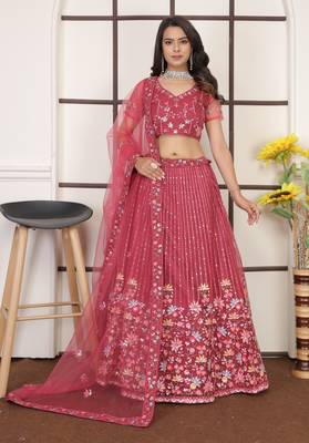 Punch Pink Butter Net Sequins Embroidered Designer Lehenga Choli For Party 1