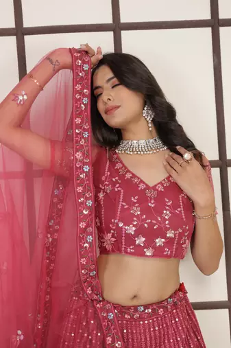 Punch Pink Butter Net Sequins Embroidered Designer Lehenga Choli For Party