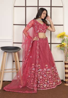 Punch Pink Butter Net Sequins Embroidered Designer Lehenga Choli For Party 3