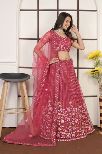 Punch Pink Butter Net Sequins Embroidered Designer Lehenga Choli For Party