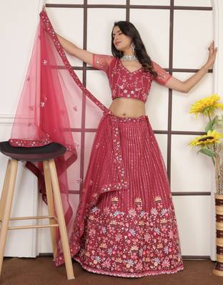 Punch Pink Butter Net Sequins Embroidered Designer Lehenga Choli For Party 4