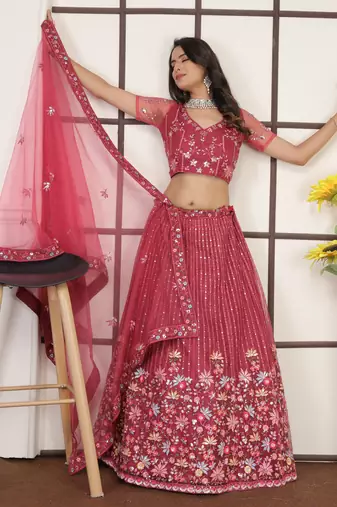 Punch Pink Butter Net Sequins Embroidered Designer Lehenga Choli For Party