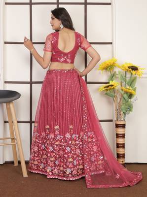 Punch Pink Butter Net Sequins Embroidered Designer Lehenga Choli For Party 5