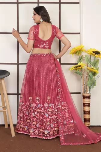 Punch Pink Butter Net Sequins Embroidered Designer Lehenga Choli For Party
