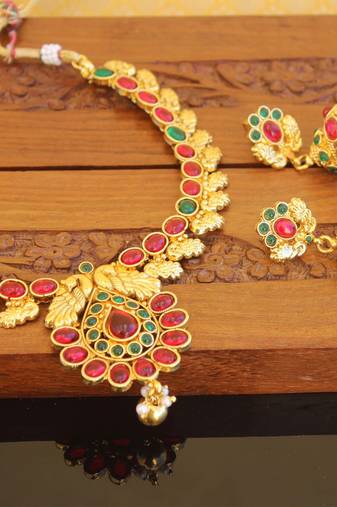 Designer gold plated peacock necklace set