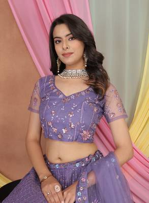 Lavender Butter Net Sequins Embroidered Designer Wedding Lehenga Choli 2