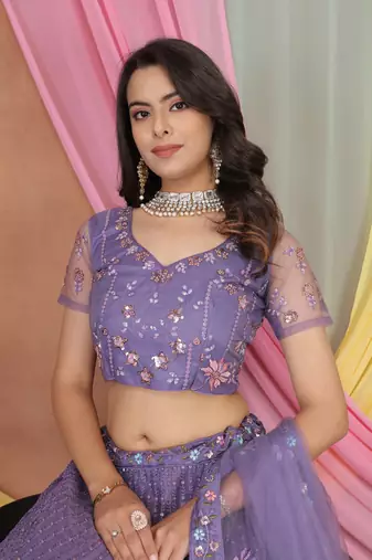 Lavender Butter Net Sequins Embroidered Designer Wedding Lehenga Choli